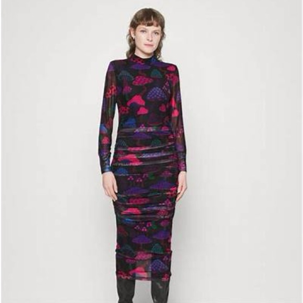 FARM Rio Neon Mushroom ruched long sleeve tulle dress XL